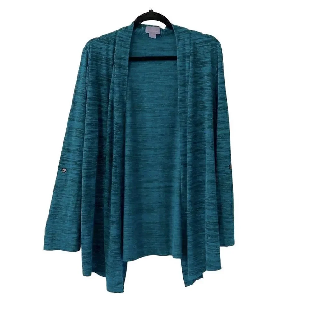 Laura Scott open front dark aqua convertible sleeve cardigan L
